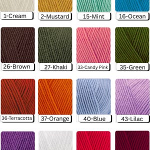 May include: A collection of yarn skeins in various colors, including cream, mustard, mint, ocean blue, brown, khaki, candy pink, green, terracotta, orange, blue, lilac, purple, white, red, and wine red. Each skein is labeled with a number and color name.