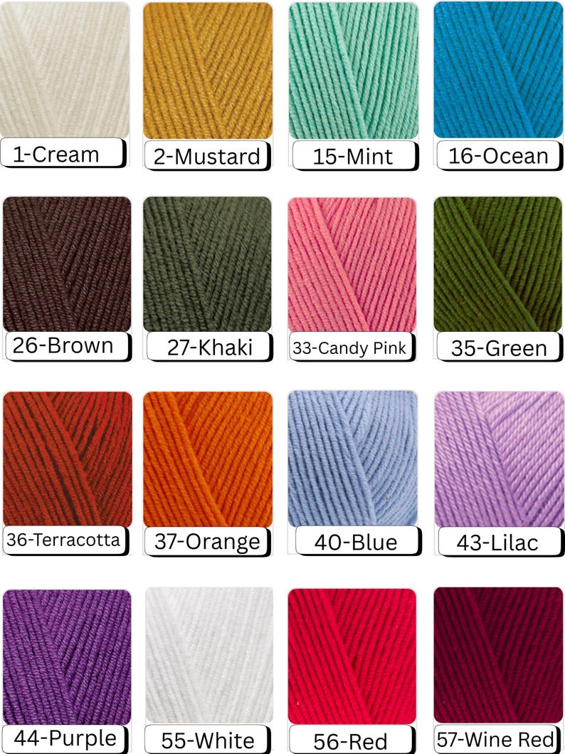 May include: A collection of yarn skeins in various colors, including cream, mustard, mint, ocean blue, brown, khaki, candy pink, green, terracotta, orange, blue, lilac, purple, white, red, and wine red. Each skein is labeled with a number and color name.