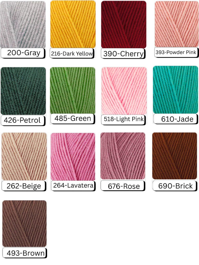 May include: A collection of yarn skeins in various colors, including gray, dark yellow, cherry red, powder pink, petrol, green, light pink, jade, beige, lavatera, rose, brick, and brown. Each skein is labeled with a color name and number.