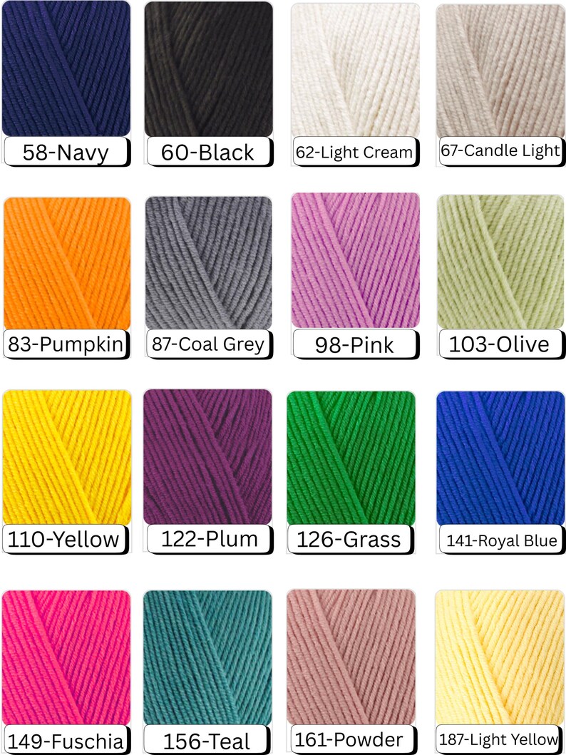 May include: A collection of yarn skeins in various colors, including navy, black, cream, and gray. Other colors include pumpkin, pink, olive, yellow, plum, grass, royal blue, fuschia, teal, powder, and light yellow. Each skein is labeled with a number and color name.