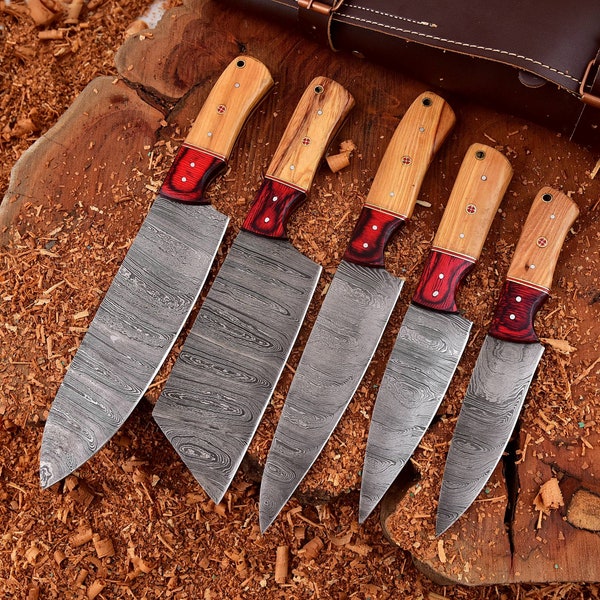 Couteau de Chasse Lame Damas 260 Couches Manche Bois de Cerf Etui Cuir DM1059 - Free SHipping