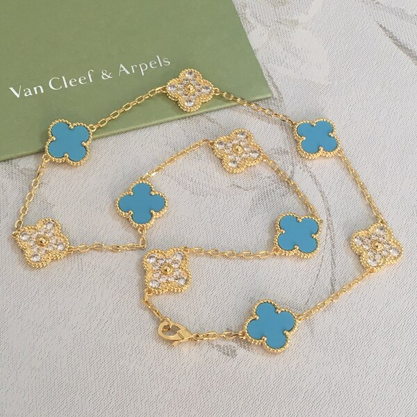 Authentic Van cleef & Arpels necklace 10 motif vintage Alhambra necklace in AU750  gold and diamond
