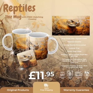 Könnte beinhalten: Eine weiße Keramiktasse mit einem bunten Bild einer Schlange. Die Tasse hat ein Fassungsvermögen von 11 Unzen und wird mit einem passenden Untersetzer geliefert. Die Tasse ist spülmaschinenfest, gefrierfest und mikrowellengeeignet. Sie ist auch bleifrei.