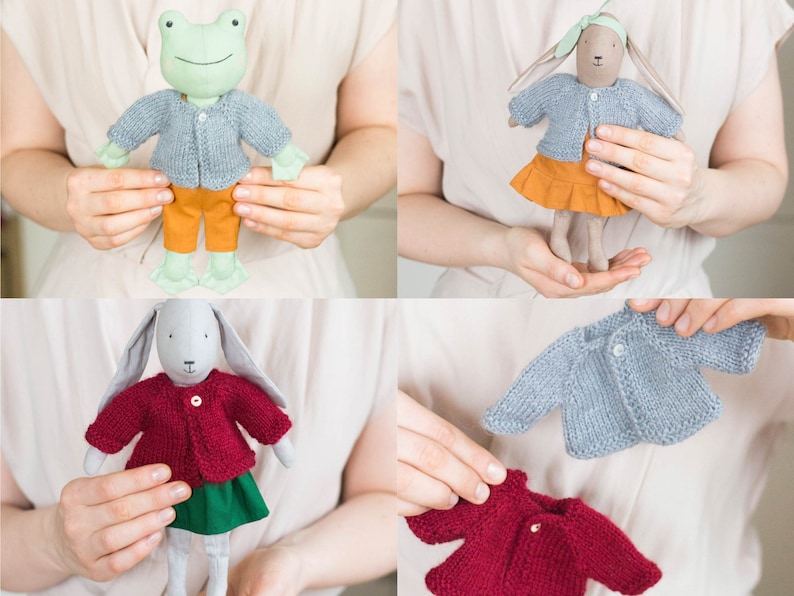 Handmade knitted cardigans worn by soft fabric dolls, shown on a frog doll and bunny dolls, demonstrating fit and style on different characters.