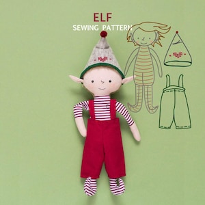 May include: A sewing pattern for making a plush elf doll. The pattern includes instructions for making the elf's body, hat, and overalls. The elf is wearing a red and white striped shirt and red overalls. The hat is green and white with a red heart design.