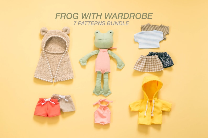 May include: A green frog plush toy with a pink swimsuit, wearing different outfits, including a brown hooded towel, a yellow raincoat, a striped shirt, a plaid skirt, and a pair of red shorts.  The frog is surrounded by its wardrobe on a yellow background.  The text "FROG WITH WARDROBE 7 PATTERNS BUNDLE" is at the top of the image.