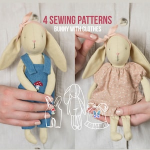 May include: Four sewing patterns for a bunny with clothes. The patterns include a pair of overalls with a mushroom design, a simple dress, a pair of overalls, and a dress with a butterfly design.