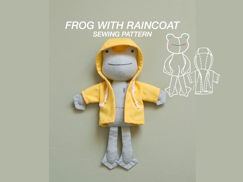 May include: A yellow frog plush toy wearing a yellow raincoat with a hood. The frog has a white face and black eyes. The image also includes a sewing pattern for the frog and raincoat.