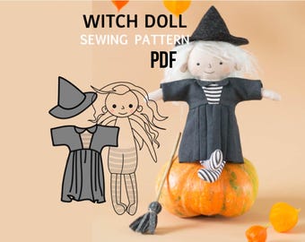Witch Doll Sewing Pattern: 6'' Handmade Fabric Doll with Clothes (PDF Tutorial + Commercial License)