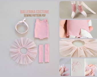May include: A pink ballerina costume sewing pattern PDF. The pattern includes a leotard, tutu, headband, and leg warmers. The image shows the individual pieces of the pattern laid out on a light gray surface.