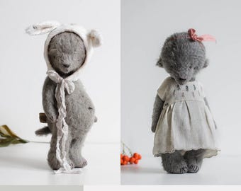 Teddy Bear Sewing Pattern PDF | 8&#39; Mohair Bear with Bunny Ears Bonnet & Linen Dress | Jointed Plush Toy Tutorial