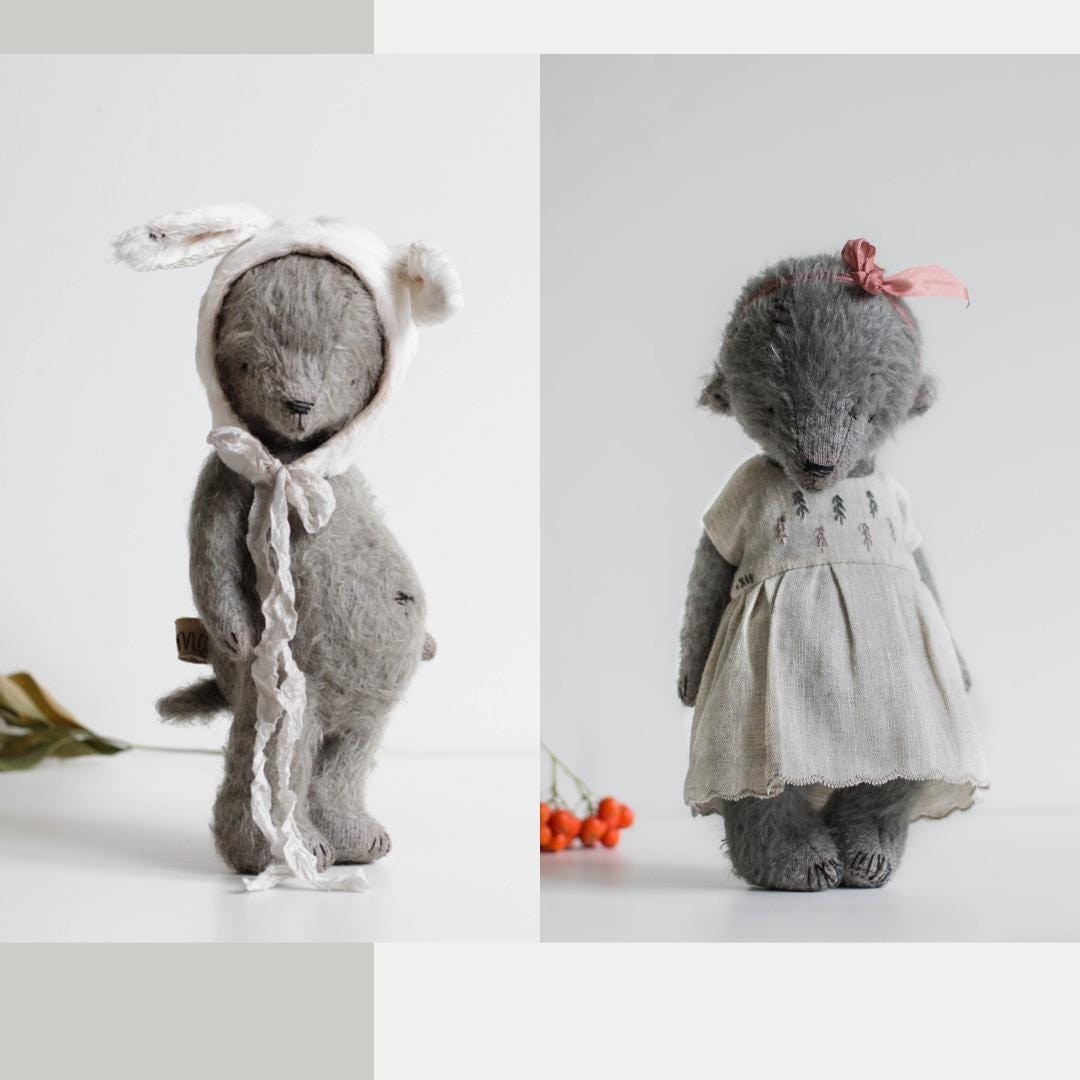 Teddy Bear Sewing Pattern PDF | 8' Mohair Bear with Bunny Ears Bonnet & Linen Dress | Jointed Plush Toy Tutorial