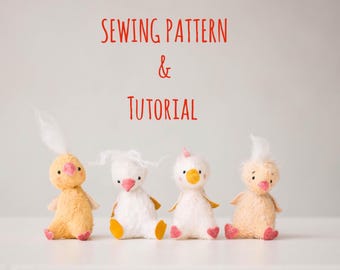 May include: Four plush bird toys in yellow and white with pink hearts for feet. The text "SEWING PATTERN & TUTORIAL" is written in red above the toys. The toys have fluffy feathers and are sitting on a white surface.