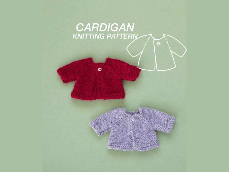 Knitted doll cardigan in red and light blue displayed on a green background, with text reading ‘Cardigan Knitting Pattern’ and a simple line drawing of the garment.