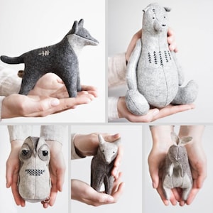 Bundel met naaipatronen voor vilten bosdieren (PDF), patronen voor beer, uil, konijn, wolf en vos, wollen vilten speelgoed, naaipatronen voor knuffeldieren