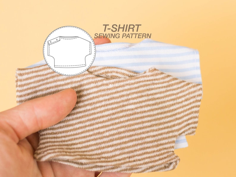 May include: A close-up of two striped t-shirts, one brown and white and one blue and white. The brown and white t-shirt is on top and the blue and white t-shirt is underneath. The image includes a diagram of a t-shirt sewing pattern with the text "T-SHIRT SEWING PATTERN".