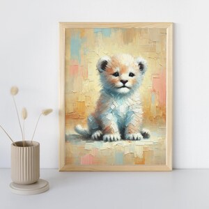 Póster de bebé león para guardería – Impresión artística de bebé león | Imagen de animales para imprimir | Decoración de pared A4 y 40x40 cm | Motivo animal digital estilo safari