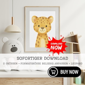 Lindo retrato de leopardo – DIN A4 | Decoración de habitaciones infantiles | Mural de animales de la selva | Arte digital | Descargar PDF y PNG | Imágenes de animales para habitaciones infantiles