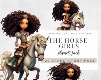 May include: A digital clipart pack featuring 20 transparent PNG images of cartoon girls riding horses. The girls have brown curly hair and are wearing dresses. The horses are white. The text "THE HORSE GIRLS clipart pack 20 TRANSPARENT PNGS" is displayed on a white background.