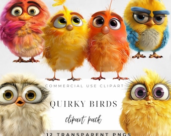 Quirky Birds Clipart, Transparent PNG,  Junk Journal, Instant Download, Watercolor, Paper Craft, Invitations, Quirky Birds PNG, Funny Birds