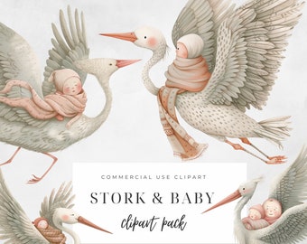Stork Baby Clipart, Gender Neutral Baby Clipart, Transparent PNG, Newborn Art, Instant Download, Stork Newborn, Invitations, Commercial Use