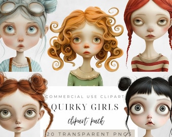 Quirky Girl Clipart, Transparent PNG, Paper Doll, Junk Journal, Instant Download, Watercolor, Whimsical Girl Clipart, Quirky Girl PNG