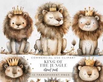 King Of The Jungle Clipart, Instant Download, Watercolor Lion Clipart, Nursery Wall Art, Baby Animal Clipart, Watercolor Jungle, Lion PNG