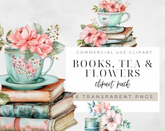 Books Tea Flowers Clipart, Transparent PNG,  Junk Journal, Instant Download, Watercolor,  Book Clipart, Flower Book Clipart, Shabby Chic