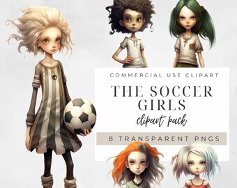 Clipart de chicas de fútbol, PNG transparente, muñeca de papel, diario basura, descarga instantánea, PNG de chica de fútbol, imágenes prediseñadas de balón de fútbol, imágenes prediseñadas de fútbol