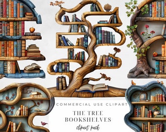 Tree Bookshelf Clipart, Transparent PNG, Instant Download, Bookcase Clipart, Bookshelf Clipart, Book Lover Clipart, Whimsical Bookshelf PNG