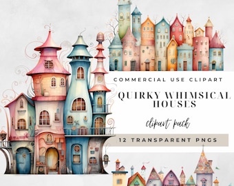 Quirky Watercolor Pastel House Clipart, Transparent PNG, Junk Journal, Instant Download, Paper Craft, Invitations, Commercial, Quirky Houses