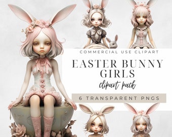 Clipart per ragazze coniglietto pasquale, PNG trasparente, diario spazzatura, download istantaneo, acquerello, creazione di carta, inviti, Pasqua, gotico