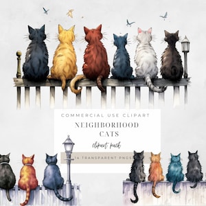 Katten op hek clipart, transparante PNG, Instant Download, eigenzinnige kat PNG, kat silhouet, kat sublimatie, grappige kat clipart, huisdieren clipart