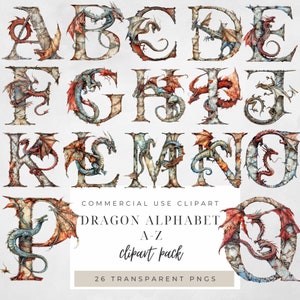 Drache Buchstabe Clipart, transparentes PNG, sofortiger Download, Drache Einladung, Drache Clipart, Drache Schrift PNG, Alphabet Clipart, Schrift Clipart