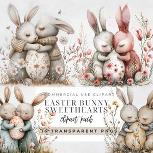 Easter Bunny Sweethearts, Transparent PNG,  Watercolor, Instant Download, Easter Clipart, Easter Bunny Clipart, Easter Egg, Whimsical Art