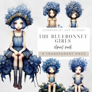 Bluebonnet Girl Clipart, Transparent PNG, Instant Download, Bluebonnet Clipart, Bluebonnet Flower PNG, Bluebonnet Flower Clipart, Floral PNG
