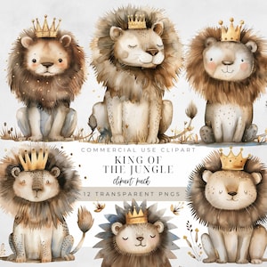 Clipart Rei Da Selva, Download Instantâneo, Clipart De Leão Em Aquarela, Arte Da Parede Do Berçário, Clipart De Animal Bebê, Selva Em Aquarela, Leão PNG