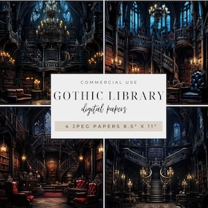 K&ouml;nnte beinhalten: Vier digitale Papiere mit einem dunklen, gotischen Bibliotheksinnenraum mit verzierten Details, darunter eine gro&szlig;e Treppe, B&uuml;cherregale und Kerzenlicht. Die Papiere sind 8,5 Zoll mal 11 Zoll gro&szlig;.