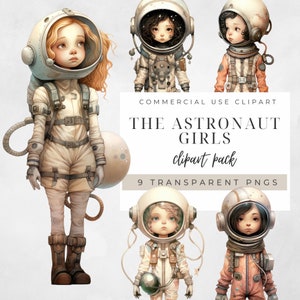 Le ragazze astronauta, Clipart, PNG trasparente, bambola di carta, diario spazzatura, download istantaneo, acquerello, creazione di carta, inviti, stravagante