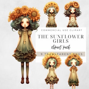 Sunflower Girls Clipart, Transparent PNG, Paper Doll, Junk Journal, Instant Download, Invitations, Sunflower Clipart, Flower Girls Clipart