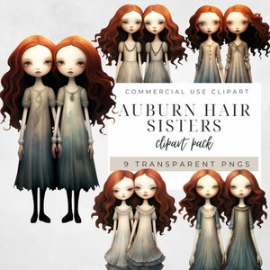 Auburn Hair Sisters Clipart, PNG transparente, Muñeca de papel, Diario basura, Descarga instantánea, Mejores amigos Clipart, Hermanas Clipart, Hermanas PNG