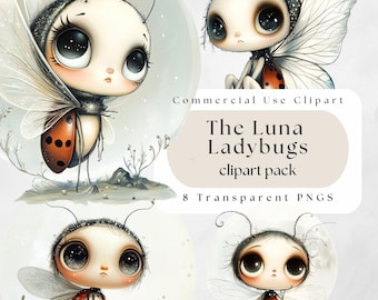 Luna Marienkäfer Clipart, Transparente PNG, Junk Journal, Sofort Download, Aquarell, Papiermodelle, Einladungen, wunderlich, Kinderzimmer