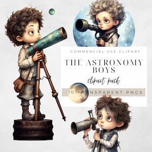 The Astronomy Boys, Clipart, Transparent PNG, Paper Doll, Junk Journal, Instant Download, Watercolor, Paper Craft, Astronomy Clipart