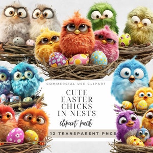 Clipart del nido dei pulcini di Pasqua carini, PNG trasparente, diario della posta indesiderata, download istantaneo, acquerello, creazione di carta, inviti, clipart dell'uovo di Pasqua