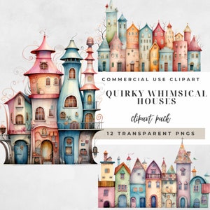 Quirky Watercolor Pastel House Clipart, Transparent PNG, Junk Journal, Instant Download, Paper Craft, Invitations, Commercial, Quirky Houses