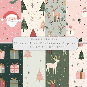 Christmas Pattern Set, Santa Seamless, Christmas Seamless Pattern, Commercial Use, Sage and Pink Christmas, Christmas Scrapbook Pattern