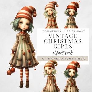 Clipart per ragazze di Natale vintage, PNG trasparente, bambola di carta, PNG ragazza di Natale, download istantaneo, creazione di carta, inviti, cartolina di Natale