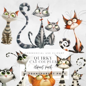 Quirky Cat Clipart, Transparent PNG, Instant Download, Funny Quirky Cat PNG Clipart Bundle, 300DPI Images, Paper Craft, Junk Journal, Funny
