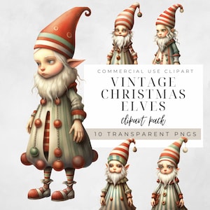 Clipart vintage degli elfi di Natale, PNG trasparente, bambola di carta, PNG degli elfi di Natale, download istantaneo, creazione di carta, inviti, cartolina di Natale