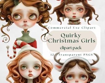 Christmas Quirky Girl Clipart, Transparent PNG, Paper Doll, Quirky Girls, Christmas Girl Clipart, Whimsical Girl Clipart, Quirky Girl PNG
